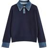 Generic Maglioni da donna in denim con colletto a contrasto, stile polo, in maglia a collo alto, a maniche lunghe, vestibilità ampia, top casual versatile, Taglia unica