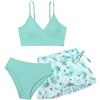 Generico Costumi da Bagno Ragazza Set da 3 Pezzi Bikini A Triangolo Top a Collo Appeso con Frange con Sarong Stampato e Slip Mare per Spiaggia Mare Nuoto Surf Vacanze Estive Piscina 7-18 Anni