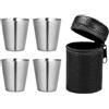 Theaque 4 bicchierini da 30 ml in acciaio inox con una custodia nera in pelle sintetica per il trasporto, per campeggio, viaggi, caffè, tè, tazza argentata, custodia nera