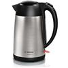 Bosch Bollitore Elettrico TWK3P420, Capacità 1.7 L, Spegnimento Automatico, Beccuccio Antigoccia, Filtro Anticalcare Removibile in Acciaio Inox, Indicatore Livello dell'Acqua, Acciaio Inox, Nero