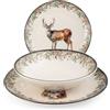 H&H Servizio Tavola 18 Pezzi Montana - Set Piatti Natalizi in Stoneware con Decoro Cervo, Adatto a Lavastoviglie e Microonde - Servizio per 6 Persone, Piatti Piani, Fondi e da Frutta