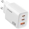 Ernydal Caricatore USB-C da 65W, caricatore rapido a 3 porte, PPS GaN Wall Charger compatto PD alimentatore per MacBook Pro, iPad Pro, IPhone 16, Galaxy S20, Dell XPS 13, Note 20/10+, 15 pixel (65W Bianco)