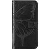 Midmelon Cover di protezione per Samsung Galaxy A02S, motivo farfalla e fiore, splendidamente in rilievo, in pelle con finestra blu, nero