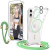 GUtttGU Custodia per iPhone con cinturino con 2 pellicole protettive in vetro temperato + 2 pellicole protettive per fotocamera trasparente, compatibile con Cerchio Magsafe verde, custodia protettiva