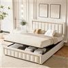 HYNHXBP Letto matrimoniale 140x200, letto imbottito con vano contenitore, rete a doghe, struttura idraulica, dettagli dorati verticali, design elegante, beige (140x200 cm)