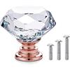 Vandicka 20 Pcs Pomelli per Mobili in Vetro Cristallo, Maniglie per Cassetti, Credenze, Comò, Armadi - Diamante Trasparente e Base in Oro Rosa - Diametro 30 mm - con Viti in 3 Lunghezze