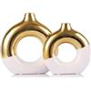 QIANLING Set di 2 vasi in ceramica bianca e oro, vaso da fiori per decorazione domestica, vaso a ciambella per scaffale, vaso decorativo moderno bohémien, vaso rotondo per erba della pampa, perfetto per tavolo