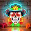 Astuddy Insegna al neon con teschio di zucchero del giorno dei morti, lampada da parete a LED con cappello da messicano, neon con teschio per sala da gioco del bar del festival, festa di Halloween