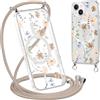 Krdvekm Cordino Cover per iPhone 14 Plus 6,7'', Aesthetic Fiori Motivo Disegno Magnetica Trasparente PC Compatibile con MagSafe Case Corda Laccio Antiurto Protettiva Custodia per Ragazze, Marrone
