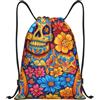 HLBSDM Borsa sportiva con coulisse a forma di teschio di zucchero e fiori del Giorno dei Morti, ideale per palestra, yoga e adulti, taglia media (35,5 x 43 cm).