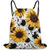 Generic 80S Vintage Sunflower Cow Print Borsa Palestra Sacca da Palestra Moda Pieghevole per Vacanze Spiaggia Shopping Borsa Coulisse 36X42Cm