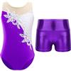 MSemis Body da Ginnastica Artistica Bambina Leotards Stampato Patchwork con Pantaloncini Metallici Leotards Danza Classica Senza Maniche Tuta da Balletto Pattinaggio Viola B 11-12 anni