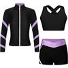 dPois Tuta da Ginnastica Artistica Bambina 3 Pezzi Completo Danza Moderna Jazz Giacca Sportiva Crop Top Reggiseno Sportivo Fitness Gilet Pantaloncini Sportivi Tracksuit Nero&Lavanda 11-12 anni