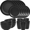 Quatish Set di 24 stoviglie in plastica, infrangibili da campeggio, per 6 persone, set da tavola riutilizzabile per bambini e adulti, lavastoviglie, forno a microonde, colore nero