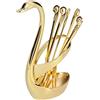 LIZEALUCKY Set di cucchiai da caffè, portaoggetti in metallo con base a cigno, organizer per cucchiai da dessert con cucchiaini da 6 pezzi, set di posate da dessert per caffè, frutta(Oro)