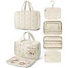 INMORVEN Beauty case da donna, grande, da viaggio, con 4 scomparti, impermeabile e pieghevole, gancio girevole a 360° (28 x 20 x 12 cm), bianco, borsa da toilette sospesa