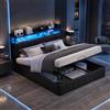 LieABak Letto Contenitore 140x190 cm in Similpelle PU Nero con LED, Letto Imbottito alla Francese con Testiera Portaoggetti, Rete a Doghe, USB e Type-C, Senza Materasso, Letto Moderno per Camera da Letto