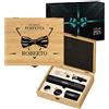 Maverton Cavatappi Elettrico per Vino + Apribottiglie Birra - Set da 6 Pezzi - Personalizzazione con Stampa - Scatola in Legno di Bambù - dimensioni 27x22x7 cm - per Lui - Papillon