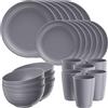 Quatish Set di 24 stoviglie in plastica, infrangibili da campeggio, per 4 persone, set da tavola riutilizzabile per bambini e adulti, lavastoviglie, forno a microonde, grigio scuro