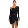 Agoky Abito da Ballo Latino Americano Donna Danza Manica Lunga Vestito da Ballo Samba Rumba Jazz Salsa Tango ChaCha con Nappa A Una Spalla Abito da Spettacolo Dancewear Nero M