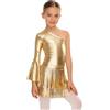 TiaoBug Ragazze Costume da Ballo Latino Tango con Frange Nappe Completo da Danza Moderna Jazz Lucido Body Danza con Gonna Corta Costume da Competizione Oro 11-12 Anni