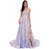 Mengmiao Donna Vestito da Sera Festa Senza Schienale Elegante Pizzo Slim Abito da Ballo (Leggero Viola, Asia M)