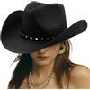 Wedhapy Cappello da Cowboy Nero da Cowgirl Cappello da Cowboy in Paglia con Protezione UV e Tesa Larga da Cowgirl Nero con Cintura in Pelle da Western con Cinturino Regolabile per Il