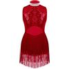 TiaoBug Ragazza Vestito da Latino Leotard di Nappa Latino Americano Body da Danza Paillettes Dancewear Allenamento con Fiore Amovibile Frange Vestito dalla Frangia Borgogna 10 anni