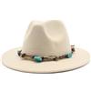 Generic Cappello a bombetta in stile occidentale con catena turchese, accessori in resina, cappello jazz in feltro di lana (beige)