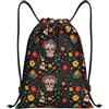 HLBSDM Borsa sportiva con coulisse a forma di teschio messicano, scheletro e fiori, ideale per palestra, yoga e adulti, taglia media (35,5 x 43 cm).