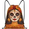 HLBSDM Borsa sportiva con coulisse a forma di teschio di zucchero messicano e fiore, ideale per donna, in occasione del Giorno dei Morti, per palestra, yoga o come zaino per adulti, taglia media (14x16,9