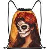 HLBSDM Borsa sportiva con coulisse a forma di teschio di zucchero messicano e fiore, ideale per donna, in occasione del Giorno dei Morti, per palestra, yoga o come zaino per adulti, taglia media (14x16,9