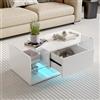 KOOPMAD Tavolino da salotto con LED regolabile e 1 cassetto, moderno tavolino rettangolare con deposito aperto, mobile da salotto in legno e vetro, tavolino per camera da letto, 100 x 50 x 35 cm