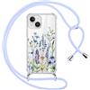 Yirlbey Cover per iPhone 14 Plus 6,7'' con Cordino, Custodia Trasparente con Fiori di Campo Disegni Aesthetic Laccio Tracolla Corda, Protective Case Rigida Collana Antiurto Sottile per Ragazza, 01