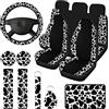 Frienda Set di coprisedili per auto, 13 pezzi, unisex, in gomma, coprivolante, braccioli, cuscinetti per cintura di sicurezza, supporto per polso, portachiavi, effetto pelle di mucca, mix, bianco/nero