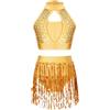 renvena Tuta Ginnastica Artistica in Paillettes Bambina Reggiseno Crop Top da Ballo Balletto Gonna con Frange Scintillanti Completo da Danza Moderna Jazz Hip Hop Giallo 15-16 anni