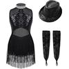 Kaerm Ragazza Paillettes Nappa Abito da Ballo Latino Americano con Cappello Guanti Vestito Danza Samba Salsa Jazz con Frange Body Danza Classica Costume da Competizione Nero 13-14 anni