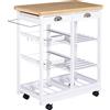 Carrello Da Cucina Multiuso Con 2 Cassetti, 2 Ripiani E 2 Cesti, In Legno Di Pino, 74x37x76 Cm, Bianco