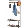 Appendiabiti Con Panca E Scarpiera In Stile Industriale, Mobile Per Ingresso Vintage In Legno E Acciaio Nero