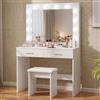 Jooli H Toeletta Trucco con 12 Luci LED Hollywood, Tavolo da Trucco Moderno con Specchio, Sgabello e 2 Cassetti, 80x40x140cm (Bianco)