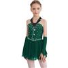 Mufeng Abito da Pattinaggio Artistico Bambina con Paillettes Vestito da Balletto Ballerina Jazz Latino Danza Classica Senza Maniche Leotards Body Ginnastica Verde 15-16 Anni