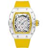 Gosasa Tonneau - Orologio da polso da uomo, alla moda, trasparente, analogico, con calendario, al quarzo, impermeabile, alla moda, da uomo, Giallo, Moda