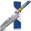 FINTISO Coltello Santoku da 18 cm, Coltello da Chef Giapponese Ultra Affilato con Nucleo in Acciaio in Polvere S35VN, 7 Strati di Acciaio Laminato, Manico in Resina Celeste e Legno Stabilizzato