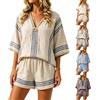Generisch Pigiama corto da donna, in lino, a righe, con scollo a V, maniche corte e elastico in vita, morbido, comodo, elegante, boho, estivo, due pezzi, casual, vestibilità regolare, 01 grigio chiaro, 3XL