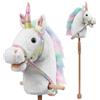 HollyHOME Cavallo a bastone con ruote in legno, vero pony che si avvicina e galoppa, unicorno hobby cavallo con briglia arcobaleno glitterato, bianco 91,2 cm (batterie AA richieste)