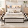 DAHUEN Letto Matrimoniale Imbottito 140x200 cm con 4 cassetti, Struttura Letto Matrimoniale con Illuminazione LED, Testata a Strorage e Stazione di Carica Type-C/USB, Velluto (Beige-A, 140×200cm)
