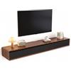 YINXSLO Mobile TV galleggiante da parete con contenitore, console multimediale moderna in legno di pino, centro intrattenimento minimalista con cassetti e ante a ribalta, per soggiorno (marrone e nero