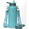 Coolflask - Borraccia da 1,1 l con cinghia, borraccia in metallo isolata con coperchi con cannuccia e beccuccio, in acciaio inox a doppia parete con isolamento sottovuoto, mantiene le bevande fredde