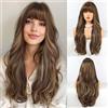 HAIRCUBE Long Brown with Blonde Highlight Parrucca con Bangs Perrucche ricce a strati per donne Parrucche sintetiche naturali per uso quotidiano (pelucas de cabello naturale)