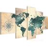 Runa Art - Quadri Mappa Del Mondo 200 x 100 cm 5 Pezzi XXL Decorazione Murale Design Verde Marrone 026051a